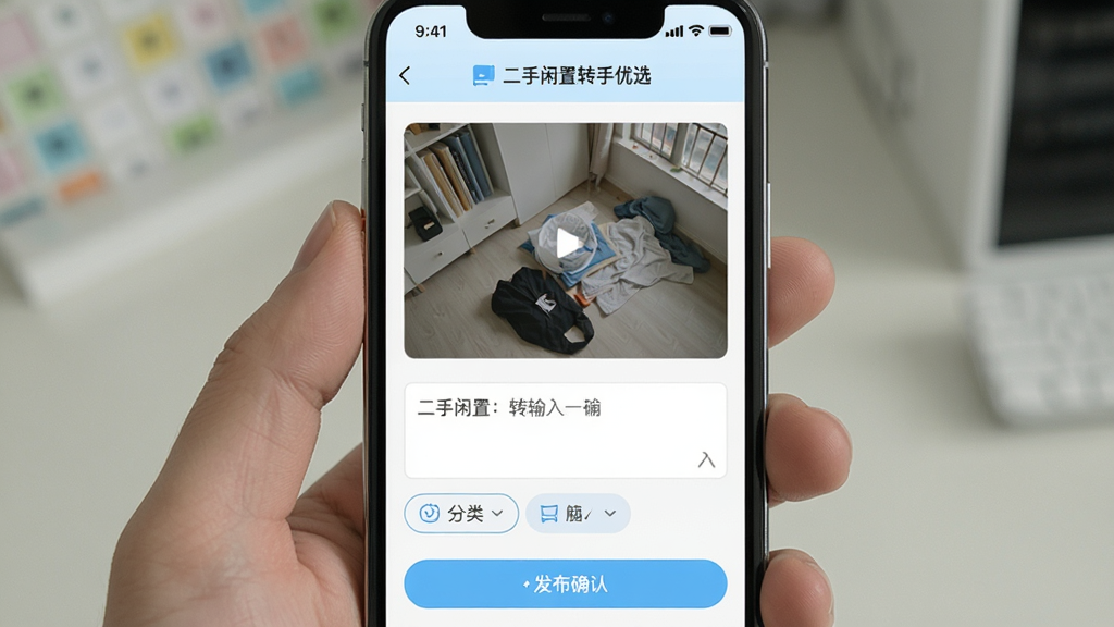 一个手机界面展示“二手闲置转手优选”的发布页面,页面主体为图片上传区域与文字输入框,下方有分类选择按钮与发布确认按钮,界面风格简洁明亮,配色以白色与浅蓝色为主,画面中包含“二手闲置转手优选”文字标识,画质清晰,布局规整,无多余元素