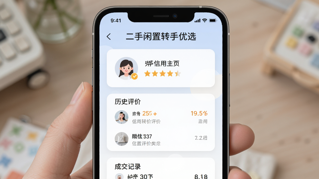 手机屏幕展示“二手闲置转手优选”的用户信用主页,页面包含用户头像、信用星级、历史评价列表与成交记录,界面风格为卡片式布局,配色柔和,画面中带有“二手闲置转手优选”文字,画质清晰,排版整洁,无多余元素