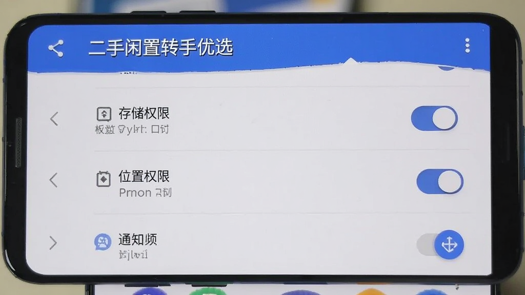 一部安卓手机展示“二手闲置转手优选”的权限设置界面,界面中包含存储权限、位置权限与通知权限的开关按钮,背景为系统设置页面风格,画面清晰,布局规整,带有“二手闲置转手优选”文字标识,画质干净,无多余元素