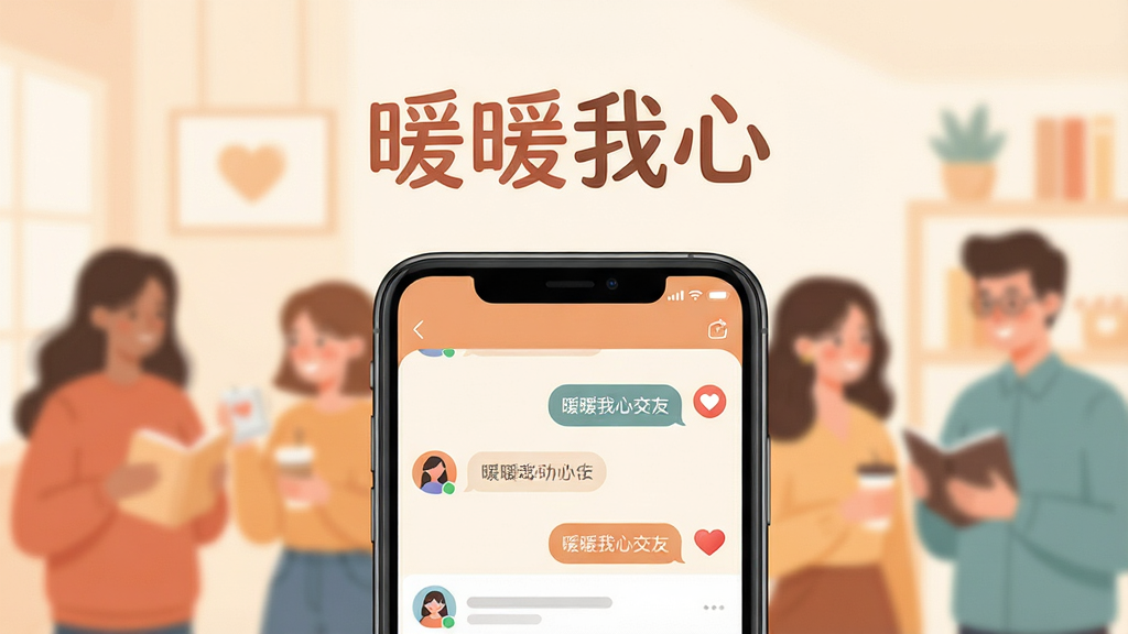 主体为一部智能手机屏幕展示暖暖我心交友软件界面,布局为手机居中放置,背景为浅暖色调的模糊社交场景插画,排版采用上下结构上方为软件名称“暖暖我心”艺术字下方为手机界面展示,风格为清新暖色系扁平化设计,细节包括聊天气泡、爱心图标、用户头像等元素点缀,画质清晰干净无多余元素
