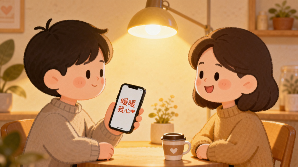 主体为两个卡通人物在温暖灯光下面对面交谈的温馨场景,布局采用左右对称构图,左侧人物手持带有“暖暖我心”标识的手机,右侧人物面带微笑倾听,排版为横向展开,风格为暖色系治愈插画风,细节包括柔和的灯光光晕、咖啡杯、绿植等生活元素,画质细腻柔和干净无多余元素