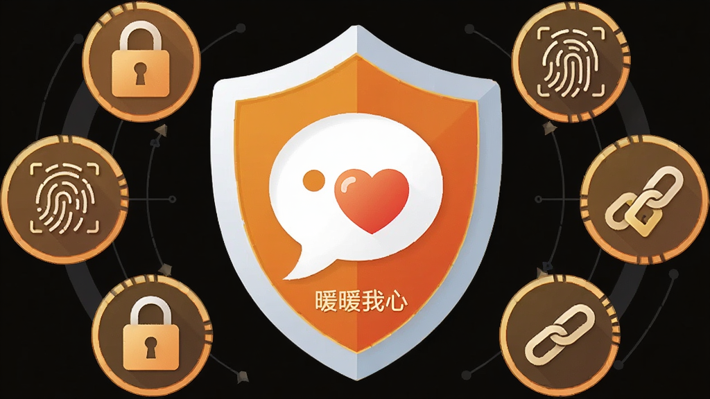 主体为一个盾牌形状的安全图标内部包含对话气泡和爱心元素,布局为盾牌居中,周围环绕锁头、指纹识别、加密锁链等图标,排版为环形围绕式,风格为科技感与温暖感结合的扁平设计,细节包括“暖暖我心”小字标注在盾牌下方,画质清晰锐利干净无多余元素
