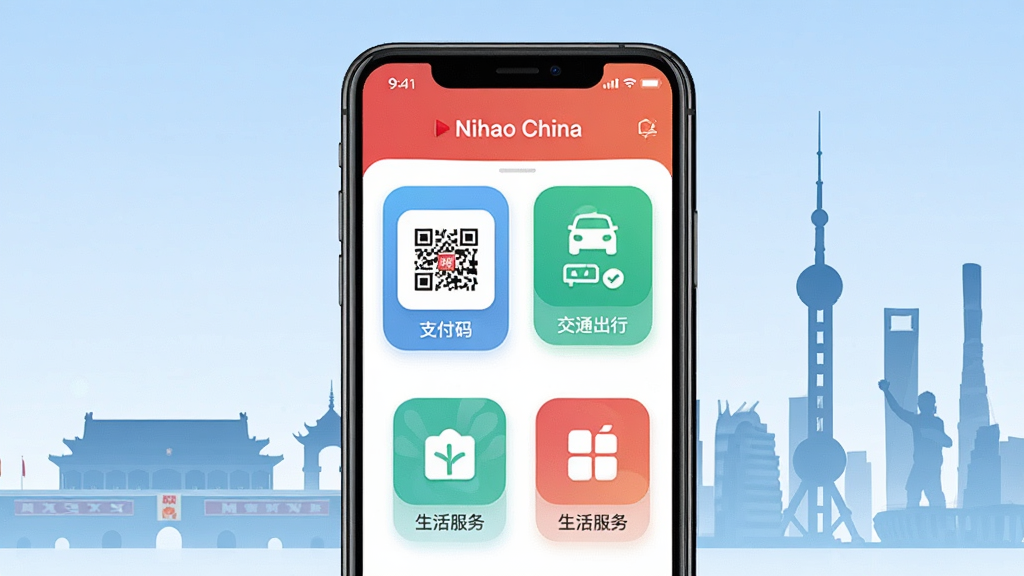 一张展示Nihao China应用主界面的手机样机图,画面中央是一部竖屏智能手机,屏幕上清晰展示着应用首页的支付码、交通出行、生活服务等核心功能图标,背景为淡蓝色渐变,点缀着中国地标建筑剪影如天安门、东方明珠等元素,风格简洁现代,色彩明亮干净,画质高清,无多余杂乱元素