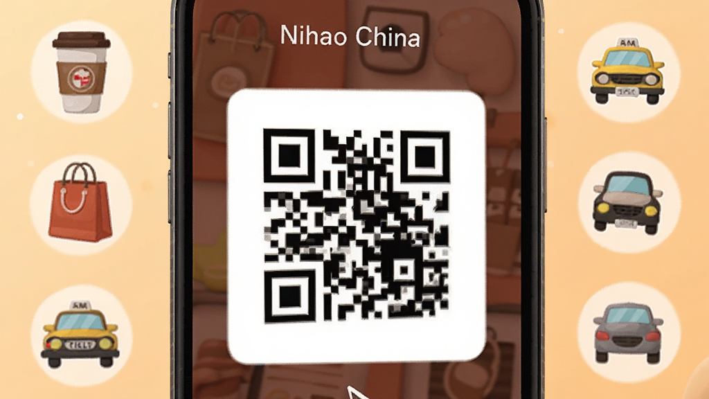 一张展示Nihao China支付功能的特写图,画面中央是一部手机屏幕显示着动态支付二维码,周围环绕着各种消费场景的小图标如咖啡杯、购物袋、出租车等,背景为柔和的暖色调,风格扁平化设计,细节精致,画质清晰干净