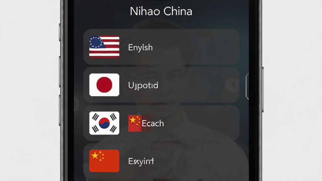 一张展示Nihao China多语言切换界面的示意图,画面中央是手机屏幕显示着语言选择列表,包含英语、日语、韩语、中文等选项,每种语言旁边配有对应国家的国旗小图标,背景为干净的浅灰色,风格简约商务,画质清晰,排版整齐