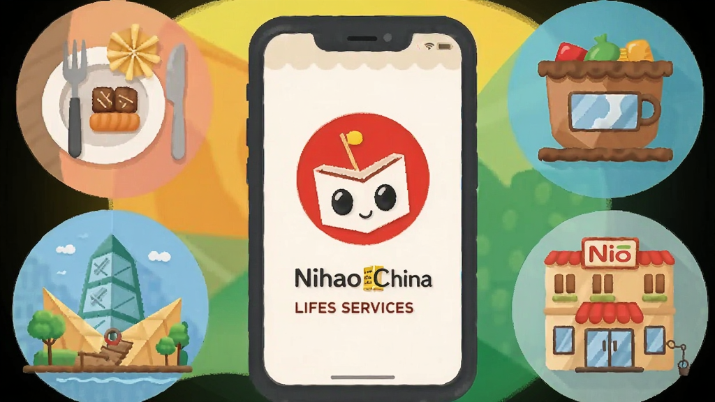 一张展示Nihao China生活服务功能的插画图,画面中一部手机周围环绕着餐厅、咖啡店、购物中心、景点等地标图标,形成环形布局,风格清新活泼,色彩丰富明快,画质干净高清,无杂乱背景