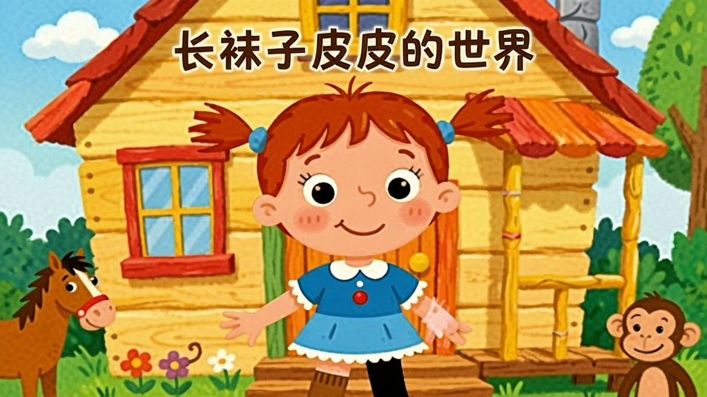 一张明亮活泼的卡通风格插画,主体是一个红发扎着两条辫子的小女孩,穿着蓝色连衣裙和一只棕色一只黑色的长袜子,站在一栋彩色小木屋前,周围有马和猴子,布局为中央人物特写,背景是蓝天绿树,风格为儿童绘本插画,细节包括木屋的窗户和门廊,画质清晰,干净,无多余元素,图片中央有文字“长袜子皮皮的世界”