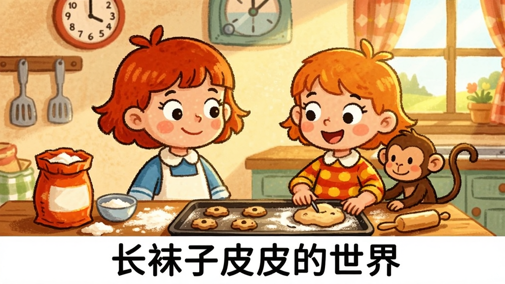 一张卡通风格的数字插画,主体是红发女孩和一只小猴子在厨房里做饼干,布局为两人并排站在桌子前,桌上有面粉和面团,风格为温馨童话风,细节包括墙上的挂钟和窗外的阳光,画质清晰,干净,无多余元素,图片下方有文字“长袜子皮皮的世界”
