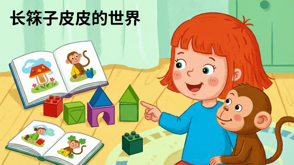 一张卡通风格的教育类插画,主体是红发女孩在教小猴子认识不同形状的积木,布局为女孩手指积木,猴子在旁边看,风格为清新明快的儿童插画,细节包括地板上散落的彩色积木和一本打开的画册,画质清晰,干净,无多余元素,图片角落有文字“长袜子皮皮的世界”