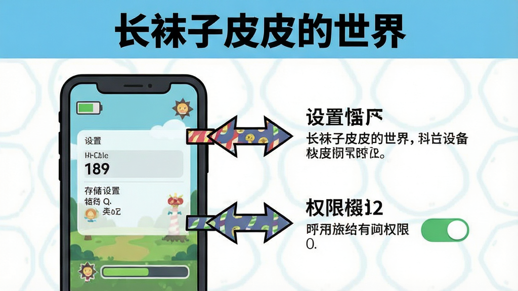 一张卡通风格的信息图,主体是一个手机屏幕显示游戏界面,旁边有箭头指向设置选项和权限开关,布局为左侧手机右侧文字标注,风格为扁平化科技插画,细节包括电池图标和存储空间进度条,画质清晰,干净,无多余元素,图片上方有文字“长袜子皮皮的世界”