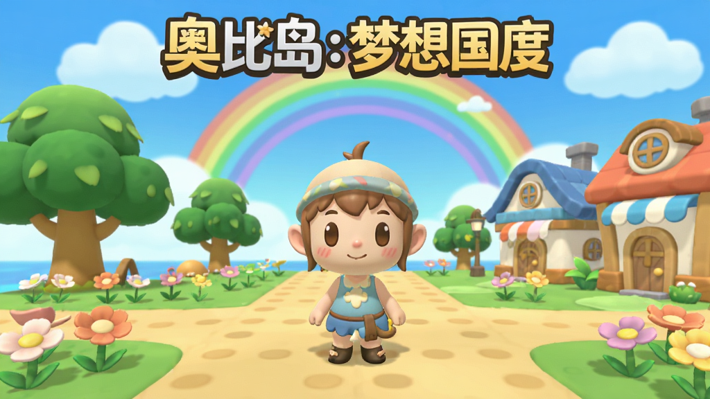 奥比岛:梦想国度 游戏主界面截图,画面中央是玩家角色的可爱奥比形象站在小岛广场上,周围有花草树木和卡通建筑,背景是蓝天白云和彩虹,整体风格清新治愈,色彩明亮柔和,布局清晰展示游戏名称“奥比岛:梦想国度”在顶部,画质高清,干净无多余元素