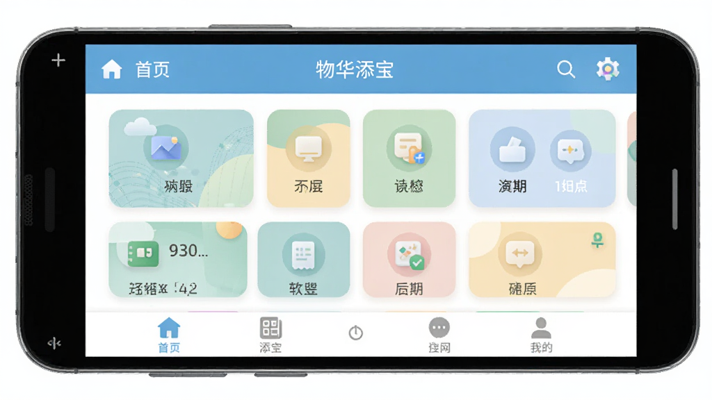 物华添宝软件主界面全貌展示,主体为一部安卓手机屏幕,屏幕上显示物华添宝应用首页,页面布局包含顶部导航栏、中部功能卡片区和底部菜单栏,排版整齐清晰,风格为现代简约扁平化,细节上功能图标精致圆润、配色柔和舒适,画质高清,干净,无多余元素