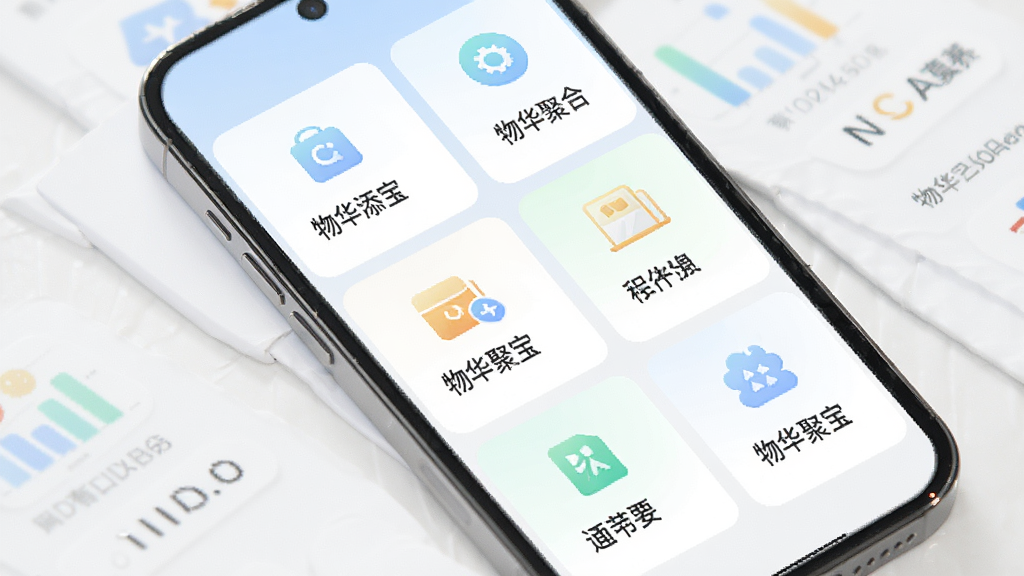 物华添宝功能聚合界面展示,主体为手机屏幕内多个功能模块卡片整齐排列,布局采用网格状分布,排版清晰有序,风格为清新浅色系UI设计,细节上每个卡片带有专属图标和简短文字说明,画质高清,干净,无多余元素