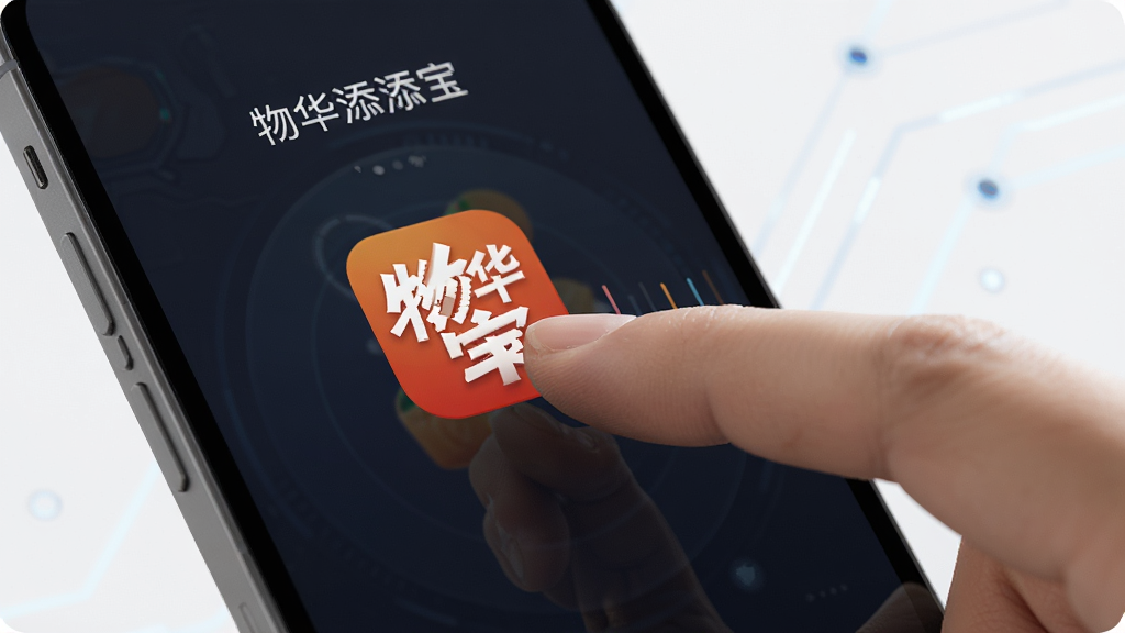 物华添宝极简操作演示图,主体为一只手轻触手机屏幕上的物华添宝应用图标,布局为手机正面视角,排版突出手指与图标的互动,风格为写实科技风,细节上屏幕显示应用启动画面,画质高清,干净,无多余元素