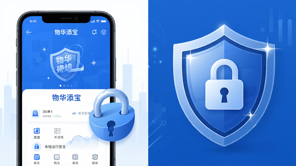 物华添宝本地运行安全示意,主体为手机屏幕显示物华添宝运行界面旁边配有盾牌和数据锁图标,布局为左右分栏式,排版左侧为应用界面右侧为安全标识,风格为科技蓝调扁平风,细节上盾牌带有高光质感,画质高清,干净,无多余元素