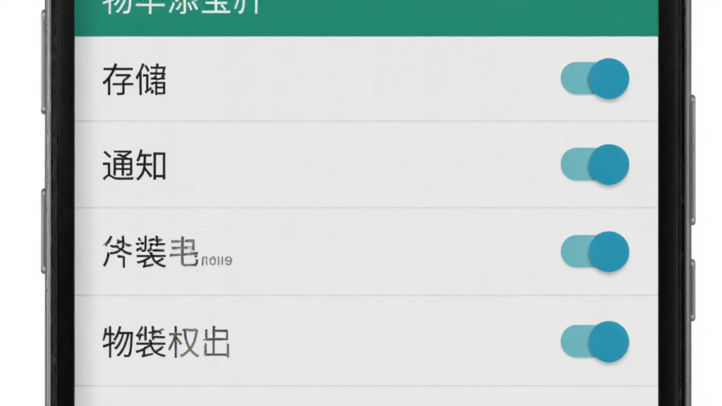 物华添宝安卓手机安装设置权限界面示意图,主体为手机屏幕显示应用权限管理页面,布局为竖向列表式,排版从上到下依次为存储、通知等权限开关,风格为原生安卓设置界面写实风,细节上开关按钮清晰可见,画质高清,干净,无多余元素