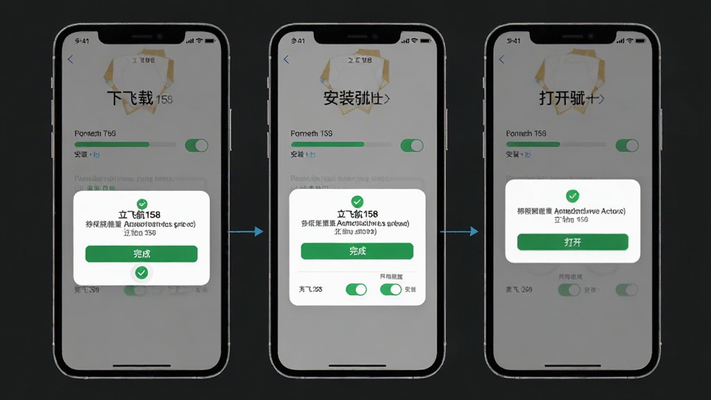 一幅展示立飞航158安装步骤的示意图,主体是手机屏幕显示安装进度条和权限授权弹窗,布局为竖向排列的三个手机屏幕分别展示下载、安装、打开三个步骤,排版清晰,风格为简洁UI示意图,细节包括进度条、权限开关按钮、完成打勾图标,画质高清、干净、无多余元素,画面中文字标注“立飞航158”