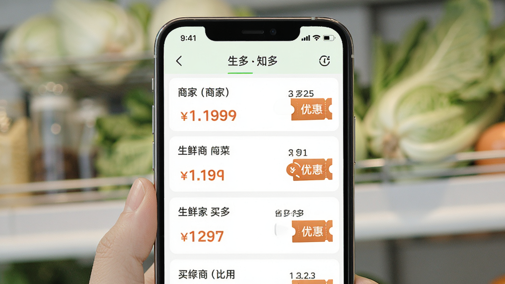 生鲜买菜省多多比价功能界面,主体为手机屏幕显示多个商家价格对比列表,布局清晰,排版上下结构,风格清新简约,细节包含价格标签与优惠券图标,画质高清,干净,无多余元素