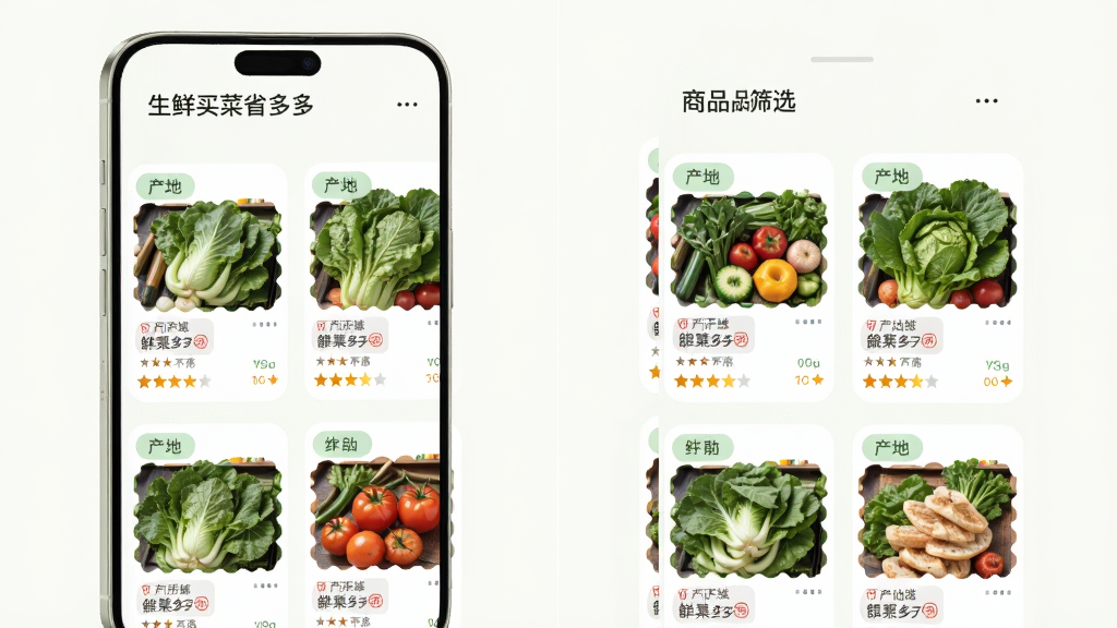 生鲜买菜省多多商品品质筛选页面,主体为手机展示生鲜商品卡片与筛选标签,布局为网格排列,排版整齐,风格柔和圆角设计,细节包含产地标签与星级评价,画质高清,干净,无多余元素