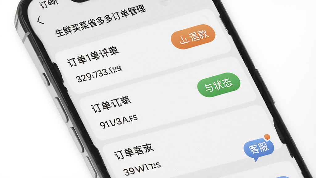 生鲜买菜省多多订单管理界面,主体为手机显示订单列表与状态标签,布局纵向排列,排版清晰,风格浅灰质感,细节包含退款按钮与客服图标,画质高清,干净,无多余元素