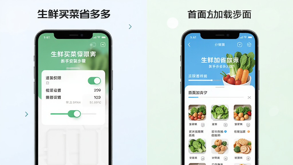 生鲜买菜省多多新手安装步骤示意图,主体为手机屏幕展示安装权限设置与首页加载画面,布局分左右两步,排版对比清晰,风格扁平化教程风,细节包含设置开关与加载进度条,画质高清,干净,无多余元素