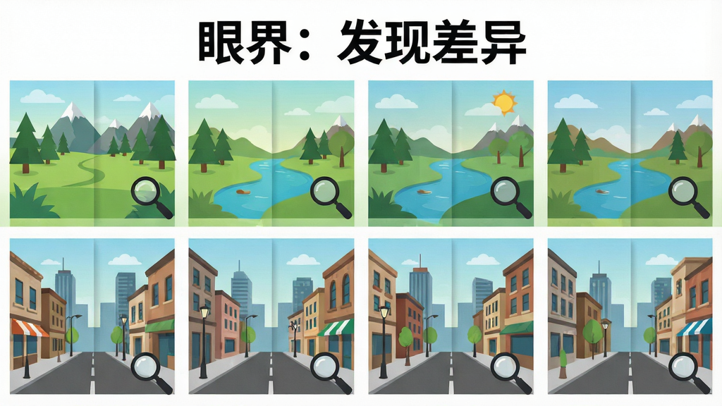 一幅以“眼界:发现差异”文字为主题的插画,主体为多组对比图片排列成网格状,布局采用上下分栏,上半部分展示自然风景对比图,下半部分展示城市街景对比图,排版整齐有序,风格为清新明亮的扁平化设计,细节中每张图片角落带有放大镜图标,画质高清,干净,无多余元素