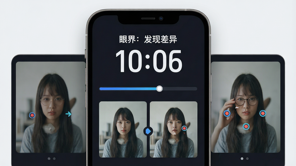 一幅展示“眼界:发现差异”计时挑战界面的画面,主体为手机屏幕内显示倒计时数字与对比图片,布局采用中心对称构图,屏幕两侧各有一幅相似图片,排版上倒计时置于顶部醒目位置,风格为科技感暗色系UI风格,细节包含进度条与差异标记点,画质高清,干净,无多余元素