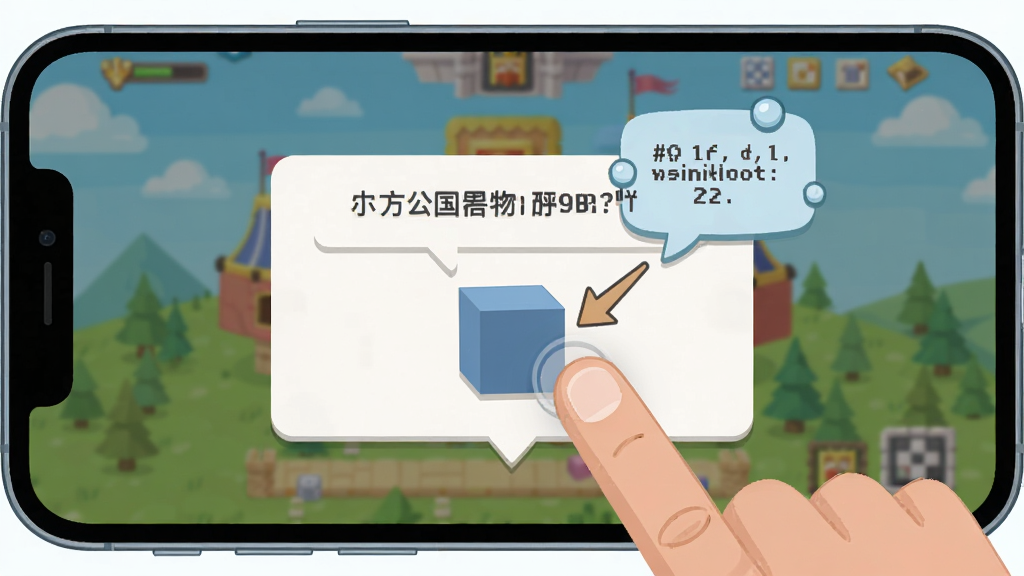 方块公国游戏新手引导界面截图风格插画,画面展示手机屏幕中显示游戏教程弹窗,手指正在点击屏幕上的方块,背景为游戏主界面,主体是手机和手指操作,布局为竖版手机屏幕特写,风格为清新扁平化UI展示,细节包括教程文字气泡和箭头指示,画质清晰干净无多余元素