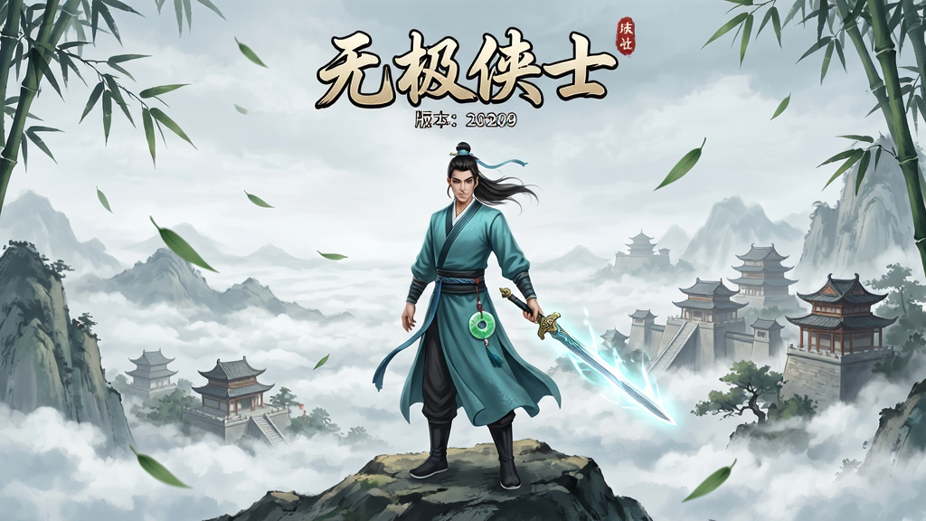 无极侠士游戏主界面全景展示,主体为一位身穿青衫的侠客站在山巅,远处是云海与古风建筑群,布局采用中心对称构图,排版上方为游戏Logo“无极侠士”与版本号,风格为写意国风武侠,细节包括飘落的竹叶、腰间玉佩、手中长剑泛着微光,画质高清,干净,无多余元素