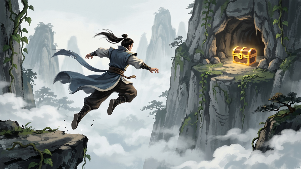 无极侠士开放世界探索场景,主体为侠客使用轻功飞跃山谷,布局为斜向动态构图,排版突出远处隐藏洞穴入口与发光宝箱,风格为国风写意与奇幻结合,细节包括衣袂飘动、脚下云雾、崖壁藤蔓,画质高清,干净,无多余元素
