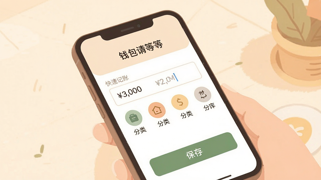 一张展示手机记账操作流程的图片,主体是一部手机,屏幕上显示钱包请等等的快速记账界面,金额输入框、分类图标和保存按钮清晰可见,画面采用柔和的暖色调,布局简洁明了,风格为扁平化插画,细节干净,画质高清,屏幕中文字为“钱包请等等”