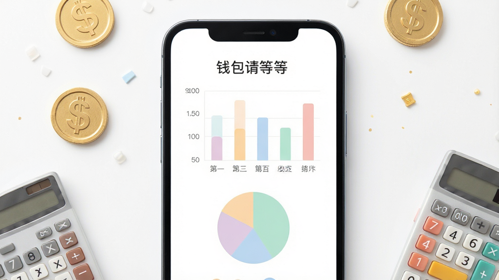 一张手机屏幕显示钱包请等等收支统计图表的图片,图表包含柱状图和饼图,色彩柔和,界面背景为白色,手机周围有金币和计算器的小元素,风格清新简约,排版居中,画质高清,干净无多余元素,屏幕中文字为“钱包请等等”