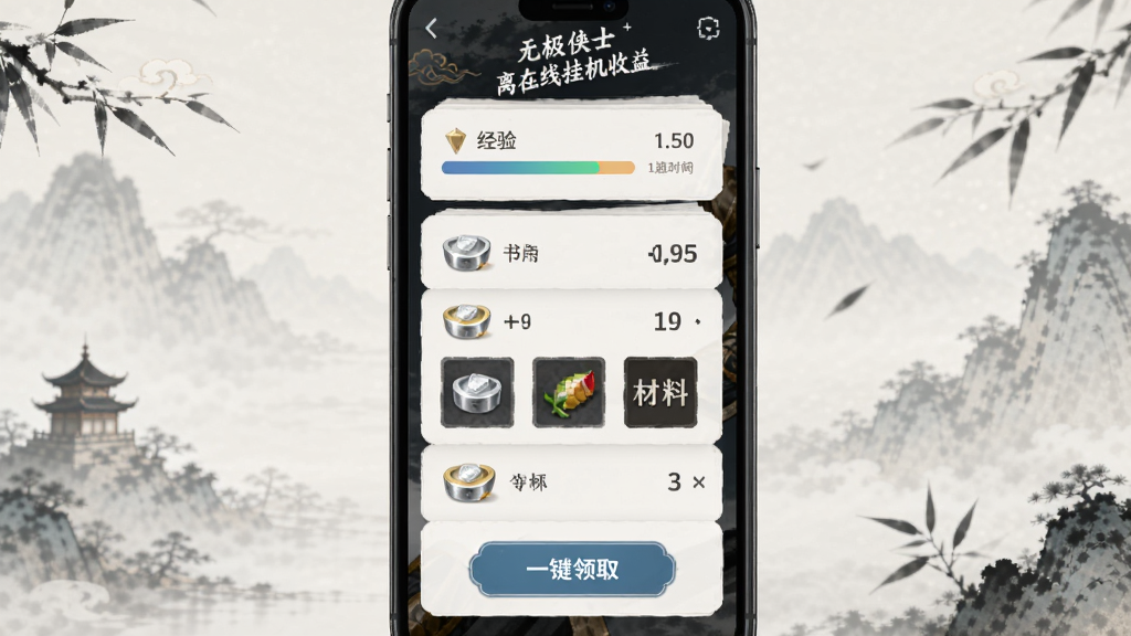 无极侠士离线挂机收益界面,主体为手机屏幕显示挂机时长与收益列表,布局为竖向卡片式排版,风格为简约国风,细节包括经验条、银两图标、材料格子、一键领取按钮,画质高清,干净,无多余元素