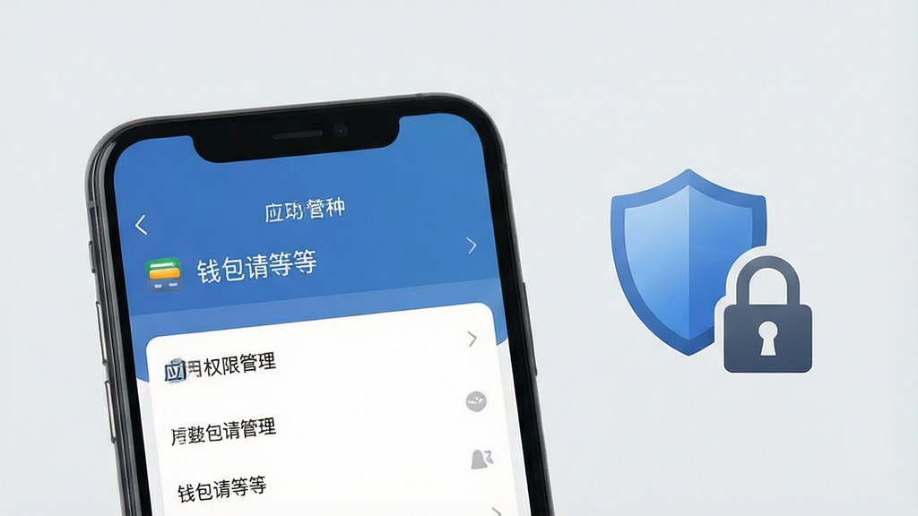 一张展示手机安全设置界面的图片,画面中手机屏幕上显示应用权限管理页面,旁边有盾牌和锁的图标,背景为浅灰色,风格简洁商务,排版清晰,画质高清,干净无多余元素,屏幕中文字为“钱包请等等”