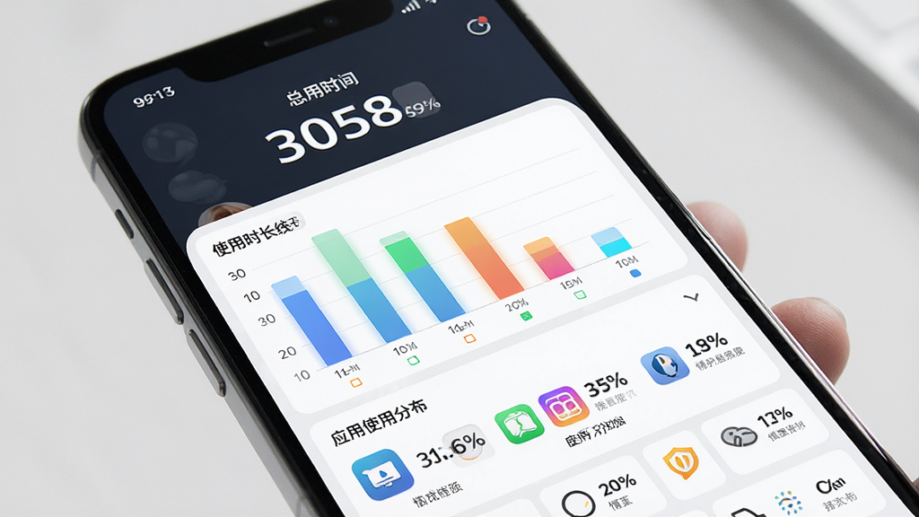 一张展示皆成情侣守护手机使用情况同步功能的图片,画面主体是手机屏幕上的使用时长统计图表与应用使用分布列表,布局为上方总时长数字下方柱状图与图标列表,风格清爽现代,细节包括不同颜色的应用图标和百分比数字,画质高清,干净,无多余元素