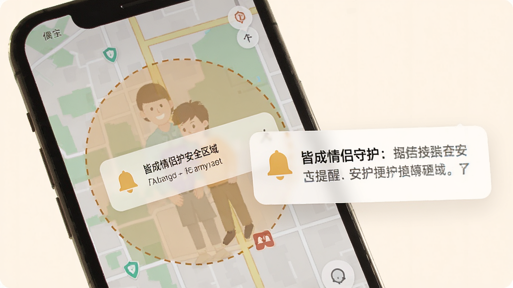 一张展示皆成情侣守护安全区域提醒功能的图片,画面主体是手机屏幕上的圆形区域范围与通知弹窗,布局为地图上标注一个半透明圆形安全区,旁边弹出提醒消息框,风格简约温馨,细节包括区域边界虚线和铃铛图标,画质高清,干净,无多余元素