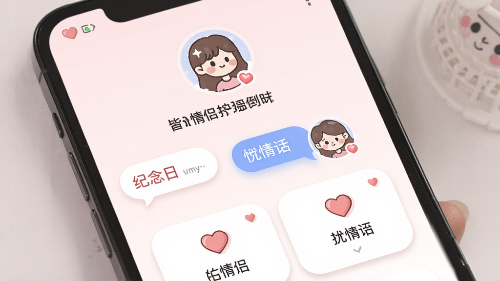 一张展示皆成情侣守护情侣互动小窝功能的图片,画面主体是手机屏幕上的情侣空间界面,显示纪念日倒计时、悄悄话气泡和情侣头像,布局为上方头像下方卡片式功能入口,风格甜美可爱,细节包括爱心图标和柔和阴影,画质高清,干净,无多余元素
