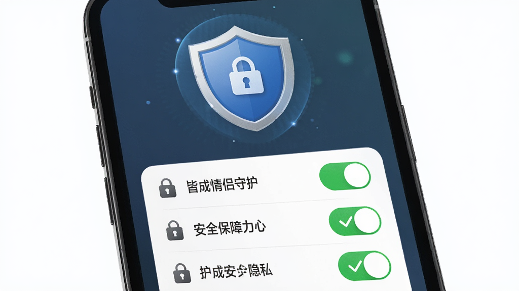 一张展示皆成情侣守护隐私安全保障功能的图片,画面主体是手机屏幕上的安全盾牌图标与权限设置开关列表,布局为上方盾牌下方权限开关项,风格专业可信,细节包括锁形图标和绿色勾选标记,画质高清,干净,无多余元素