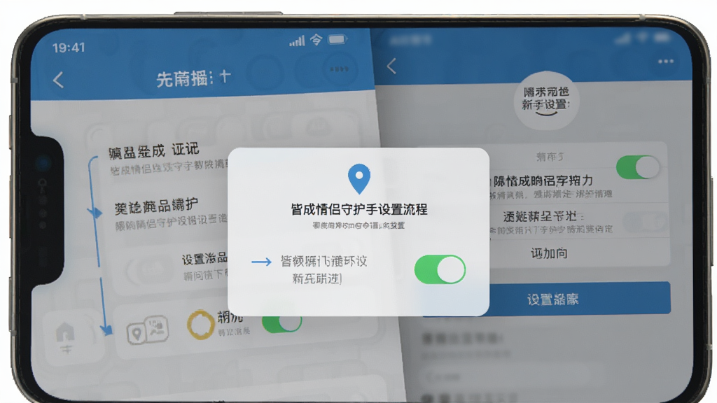 一张展示皆成情侣守护新手设置流程的图片,画面主体是手机屏幕上的权限授权弹窗与设置向导页面,布局为上方标题下方步骤指示与按钮,风格简洁明了,细节包括定位图标和权限开关,画质高清,干净,无多余元素