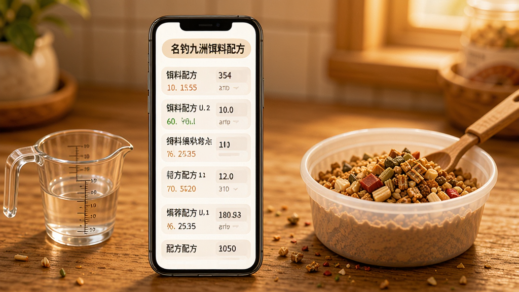 名钓九洲饵料配方页面,手机屏幕显示多种饵料配方列表,旁边有量杯和饵料盆,背景是木质桌面,暖色调,画面温馨实用,高清画质,无多余元素,文字清晰