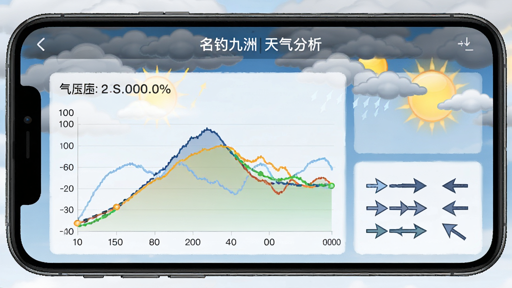 名钓九洲天气分析界面,手机屏幕显示气压曲线图和风向箭头,背景是阴晴变化的天空,画面色彩对比鲜明,数据图表清晰,高清画质,干净无杂乱元素