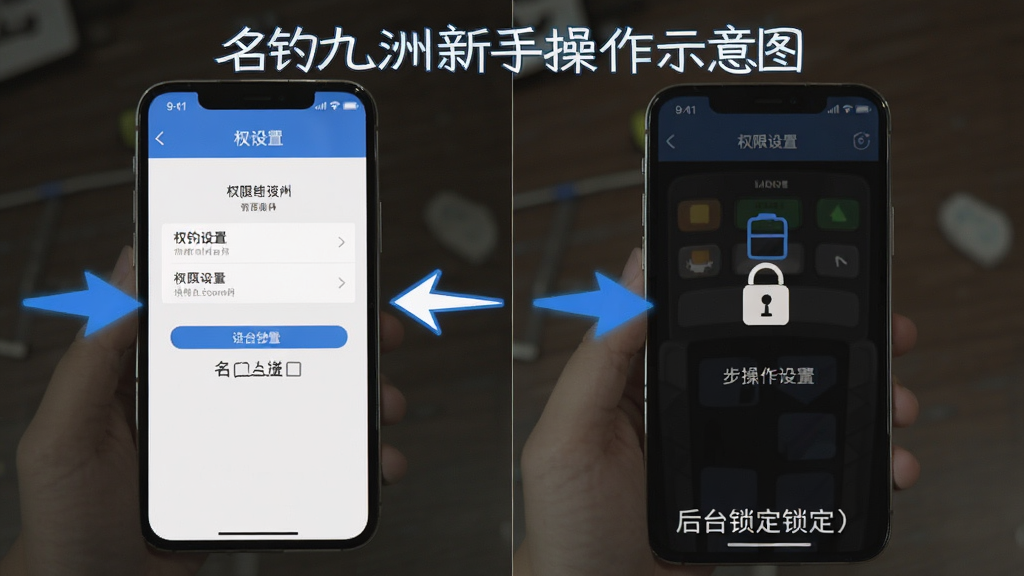 名钓九洲新手操作示意图,手机屏幕显示权限设置界面和后台锁定步骤,画面简洁,箭头标注清晰,蓝白配色,高清画质,无多余元素