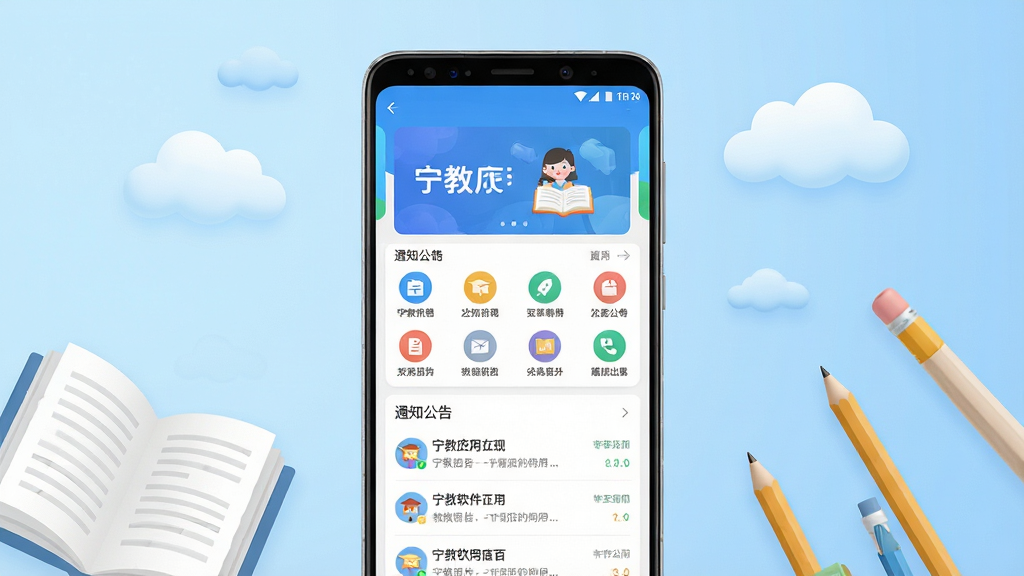 宁教软件主界面全貌展示,画面中央是一部竖屏安卓手机,手机屏幕上清晰显示宁教应用首页,包含顶部轮播图、功能图标区、通知公告列表,背景为浅蓝色渐变,周围环绕书本、铅笔、云朵等教育元素,整体风格清爽简约,排版干净整齐,细节清晰,画质高清,无多余元素