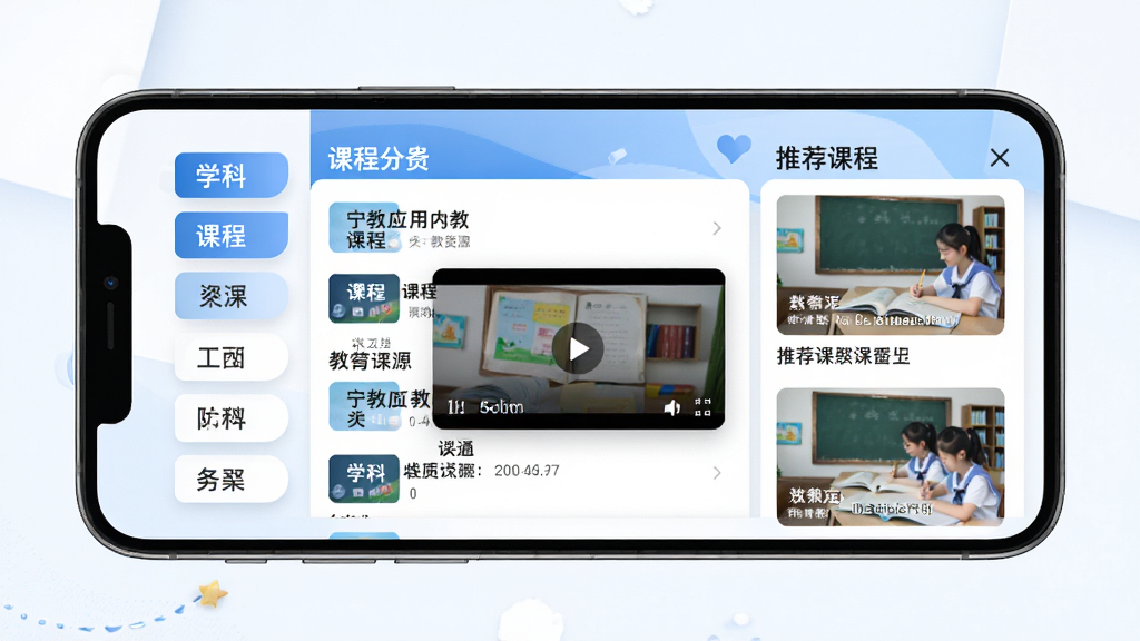 宁教应用内教育资源页面展示,手机屏幕中央显示课程列表与视频播放卡片,左侧有学科分类标签,右侧有推荐课程缩略图,界面以蓝色和白色为主色调,背景简洁,排版层次分明,风格清新教育风,细节清晰,画质高清,干净无多余元素