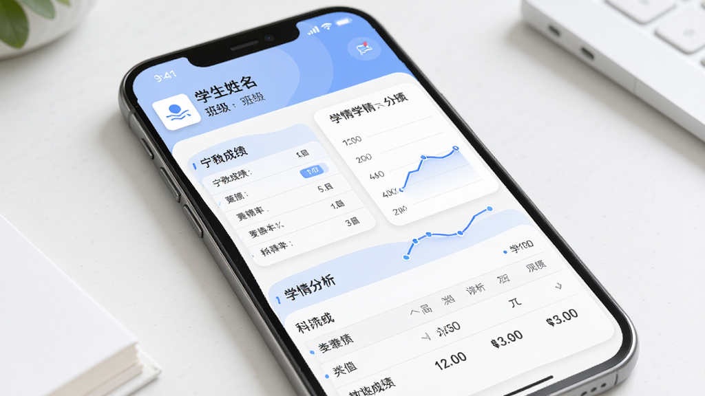 宁教成绩查询功能界面,手机屏幕显示成绩单表格与学情分析折线图,顶部有学生姓名和班级信息,下方有各科成绩列表,界面配色柔和,以白色卡片和蓝色数据线为主,排版规整,风格简洁实用,细节清晰,画质高清,画面干净