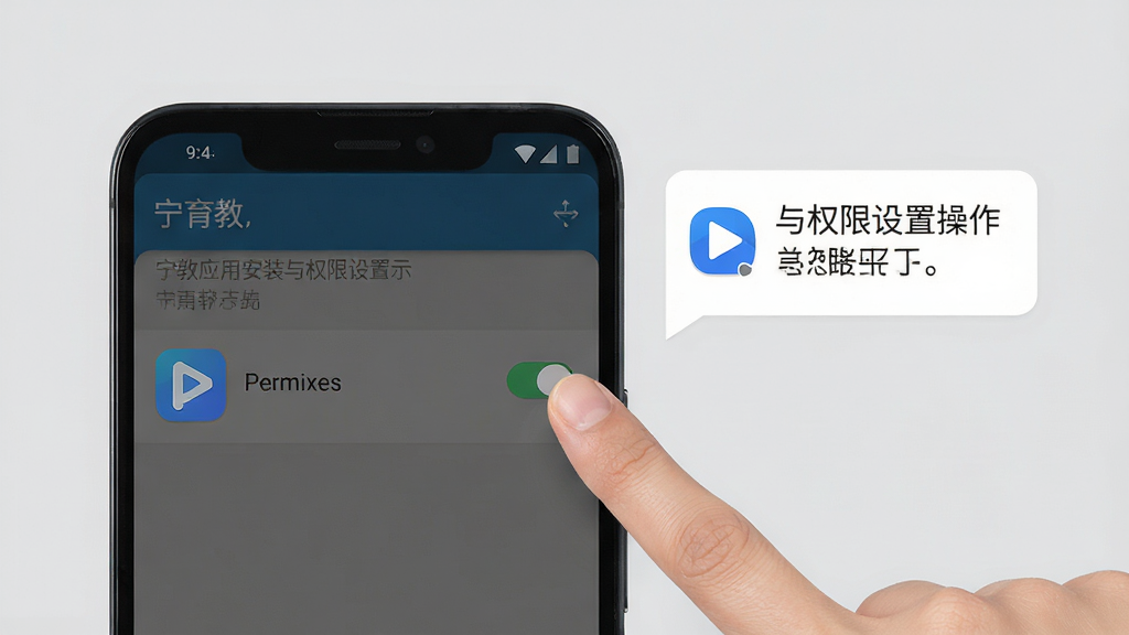 宁教应用安装与权限设置操作示意图,画面中一部安卓手机显示设置界面,手指正在点击权限开关,旁边有应用图标和提示气泡,背景为浅灰色,风格简洁明了,排版清晰,细节准确,画质高清,干净无多余元素