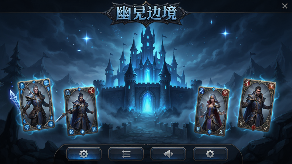 幽蓝边境游戏主界面预览图,画面中央展示一座被幽蓝色光芒笼罩的边境城堡,城堡周围环绕着迷雾与星光,前景有几名卡牌英雄角色以半透明卡牌形式悬浮排列,整体布局上中下结构,上方为游戏Logo区域,中部为场景主体,下方为功能按钮排列,风格为暗黑奇幻卡牌手游风,细节包含幽蓝色光晕、魔法纹路、卡牌边框纹理,画质高清,干净,无多余元素