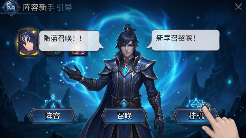 幽蓝边境新手引导界面示意图,画面展示一位向导角色在幽蓝色背景前向玩家讲解操作要点,画面中标注了“阵容”“召唤”“挂机”等关键按钮位置,布局为手机竖屏界面,风格为暗黑奇幻卡牌手游引导页,细节包含手指点击图标、文字气泡提示、幽蓝色光晕背景,画质高清,干净,无多余元素