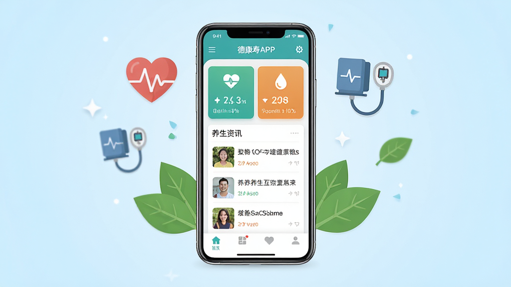 画面中央是一部智能手机,屏幕上显示着德康寿APP的首页界面,界面中包含健康数据卡片、养生资讯列表和底部导航栏,手机周围环绕着心率图标、血压计图标、绿色叶子等健康元素,背景为干净的浅蓝色渐变,整体风格清新简洁,采用扁平化设计,细节清晰,画质高清,无多余元素干扰,画面干净整洁
