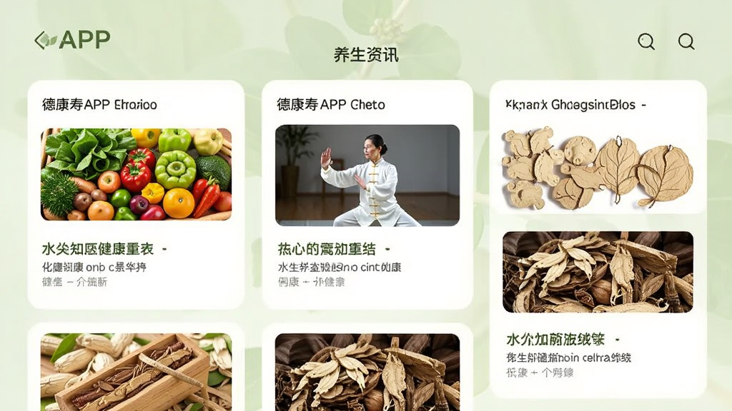 德康寿APP的养生资讯页面,页面上展示着多篇健康文章卡片,卡片上有标题和配图,配图包括蔬菜水果、太极人物、中医药材等,背景为浅绿色,整体风格温和自然,采用卡片式布局,画质高清,干净整洁